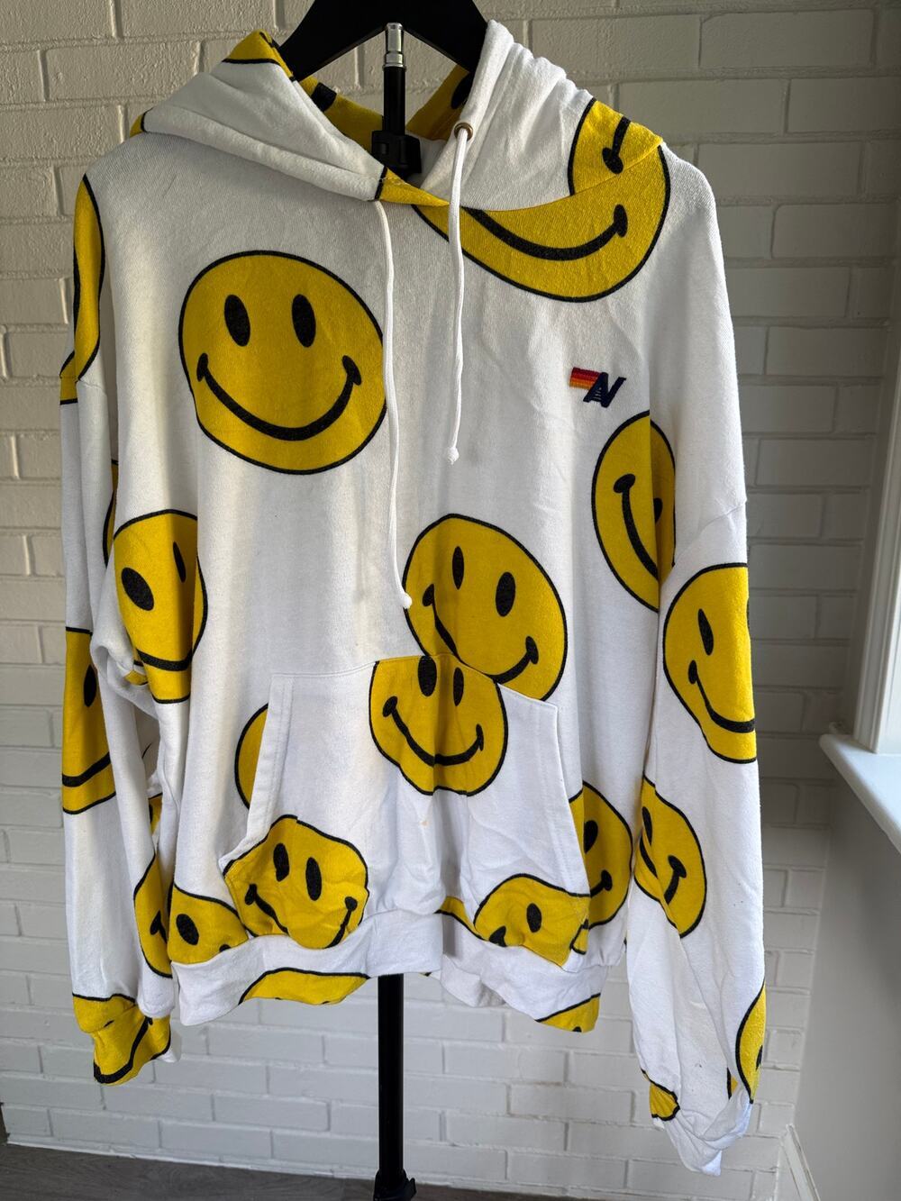 Aviator Nation Smiley Face Hoodie White Graphic Pullover Made USA Women's M